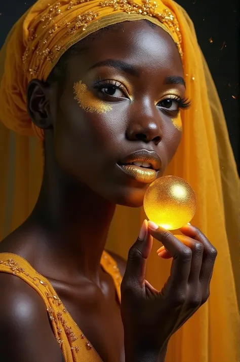 Photorealistic full body shot of a beautiful black African woman, detailed eyes, beautiful eyelashes, golden eyelid makeup, golden lipstick, perfect skin, golden veil similar to gold, spinning a golden ball with her fingers in front of her lips, high contr...