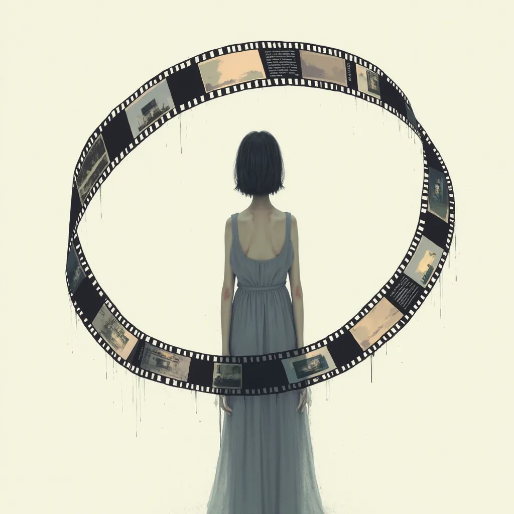 graphic illustration , human , around which a film tape depicting fragments of memories symbolizes , circle image