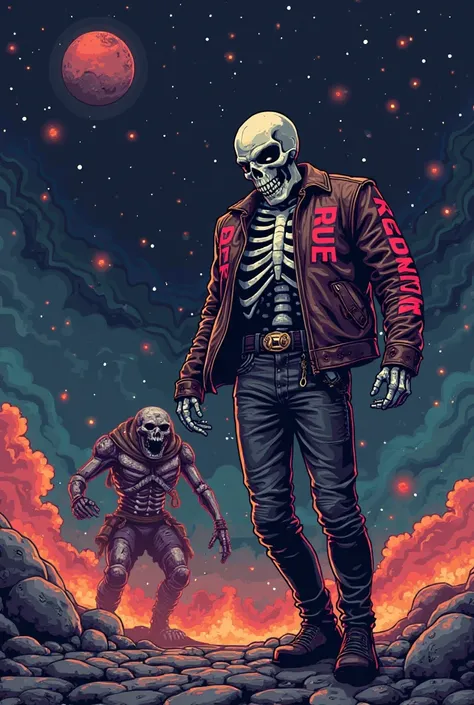 Make a 8 bit pixel image similar to a 1980s and 1970s video game and it’s a bald skeleton with a leather jacket with biker pants and he has “REDRUM” in red letters on his jacket and he’s fighting a GIANT monster in space 