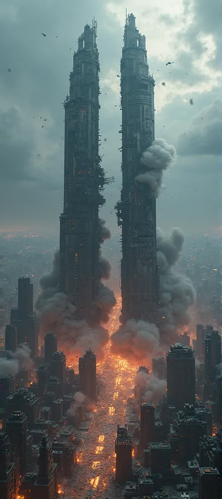 Aqui está um prompt revisado para refletir sua visão com mais precisão:

Prompt:
"A highly detailed and photorealistic aerial view of a devastated futuristic city. At the center, a colossal skyscraper is split perfectly in half, with one of its halves havi...