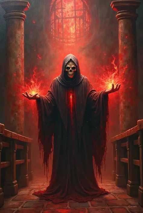 oil painting of In an old, dark, and mysterious church, the Occult satanic priest with a skull face channels red light energy from their palms, pushing it outward. The radiant light disintegrates the twisted forms of demons, their shadows melting away amid...