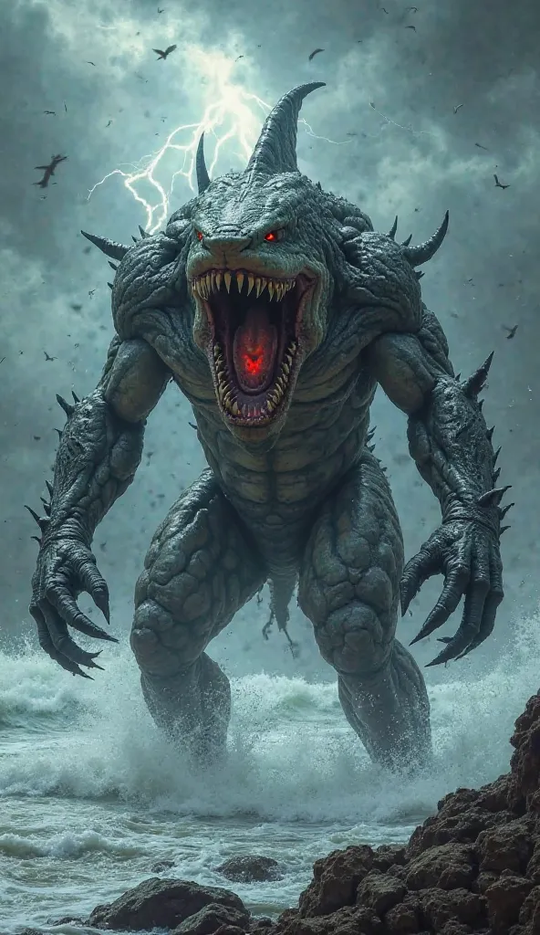 "A terrifying hybrid creature stands menacingly on the rocky shoreline, combining the features of a monstrous shark and a powerful land predator. Its muscular body is covered in rough, scarred skin, with multiple limbs resembling a fusion of shark fins and...