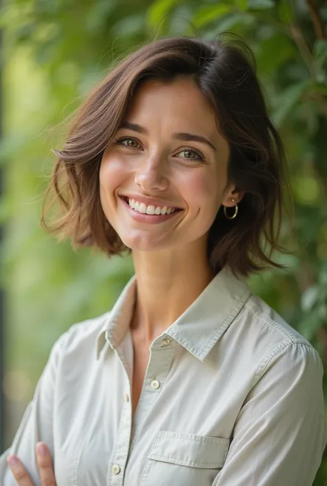 “Realistic portrait of a young teacher, realist. She is wearing a light four-button shirt, which is neatly unbuttoned, revealing delicate necklines and a hint of femininity. The background is natural nature with soft lighting, in green tones, creating a ca...