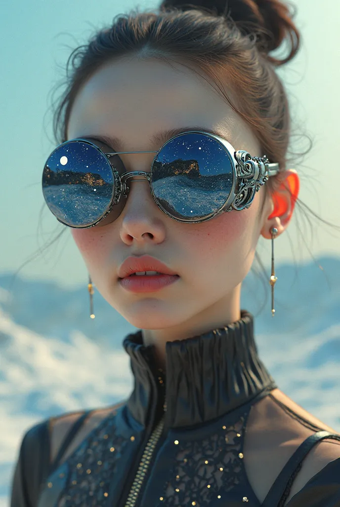 The model is wearing glass sunglasses with stars and the moon on the glass