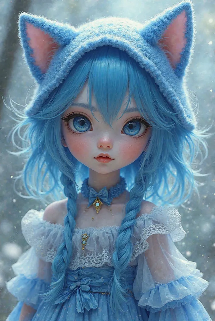 A girl with blue and light blue hair, blue and light blue cat ear hat, dark blue eyes and blue and light blue clothes 