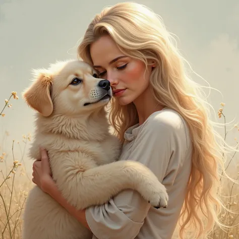 Fluffy dogwoman and dog.  The woman has long blond hair . She looks tenderly at the dog, that he holds.  in hand