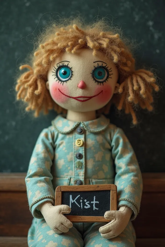 A rag doll looking like an elementary school teacher from the 70s. She wears clothes from the time, like a pastel-colored dress with subtle patterns, round neck and long sleeves. Her hair is made of wool, styled in a style in accordance with In the fashion...