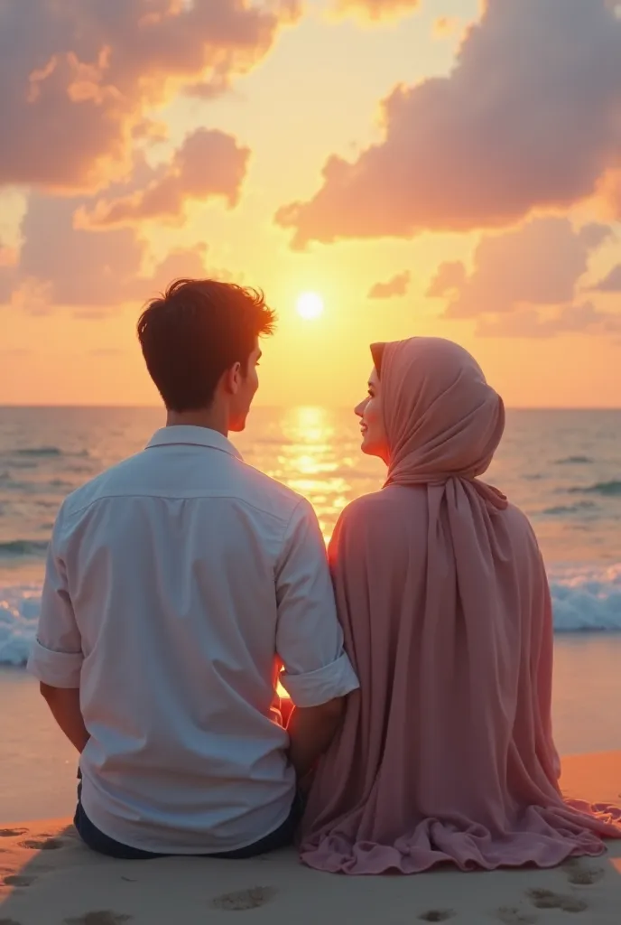 Couple sitting on the beach, enjoying the sunrise. Man in white shirt and woman in hijab