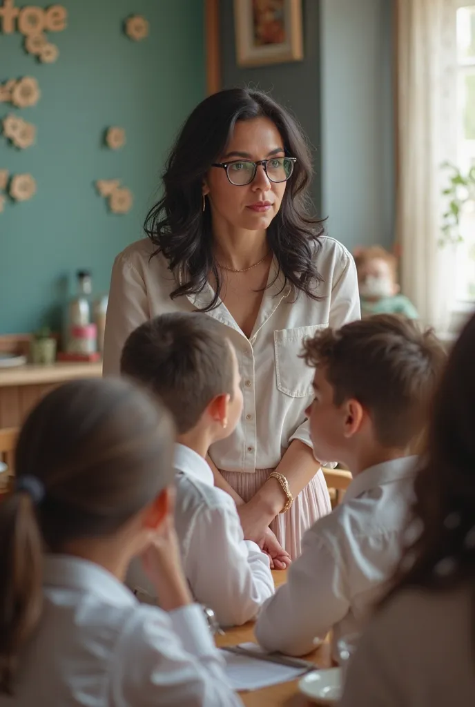 I want a foto representing a room for school related activities. In the room there are an elegant white woman in her 30, black hair, blue eyes, with glasses, teaching a group of 10  white pupils( boys and girls) about the good manners. The background is th...