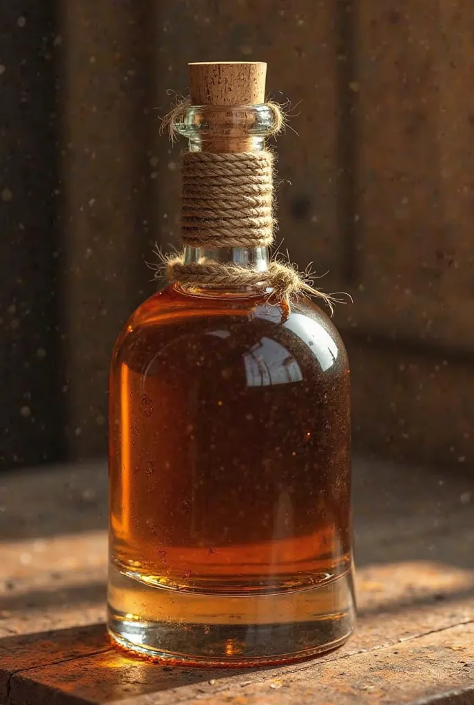 A realistic tequila bottle with traditional cork and ropes