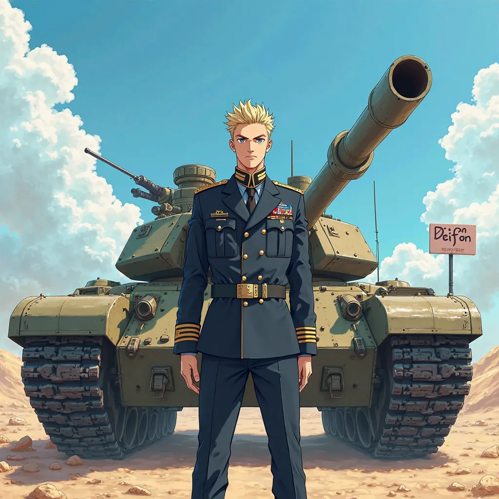 A handsome blond man in a military officer's uniform next to a tank. And the sign DeiFon (( Anime style))