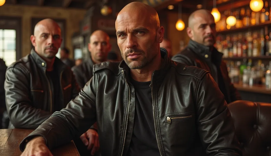 Photo of Jason Statham wearing a leather jacket at the bar at the bar, followed by three bald men in leather jackets with tattoos in the background