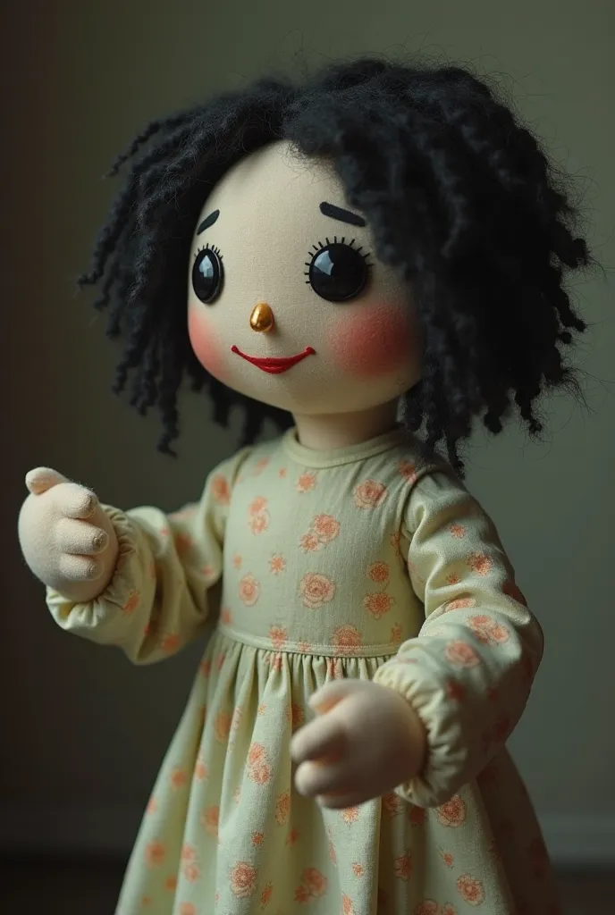 A rag doll looking like an elementary school teacher from the 70s. She wears clothes from the time, like a pastel-colored dress with subtle patterns, round neck and long sleeves. Her hair is made of wool and jet-black, styled in a style in accordance with ...