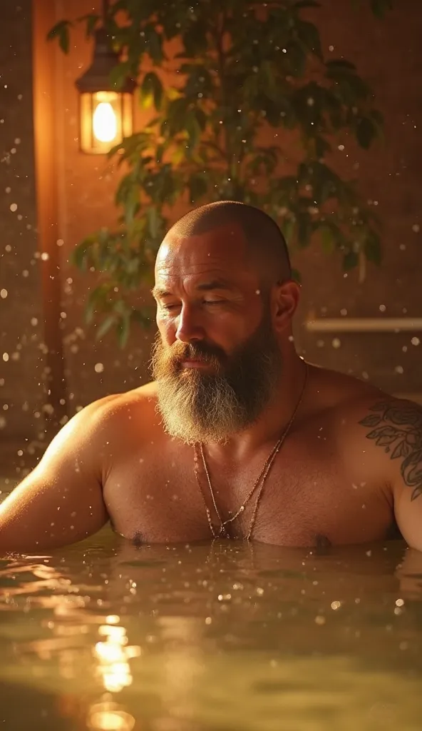  Shaved beard and shaved head on chest  ,     Long beards and hairy bodies    、   A middle-aged Japanese dad and his furry son、we are in a villa Western-style bathhouse together 　tears,   golden hot water  , Golden Light　  looking down , 