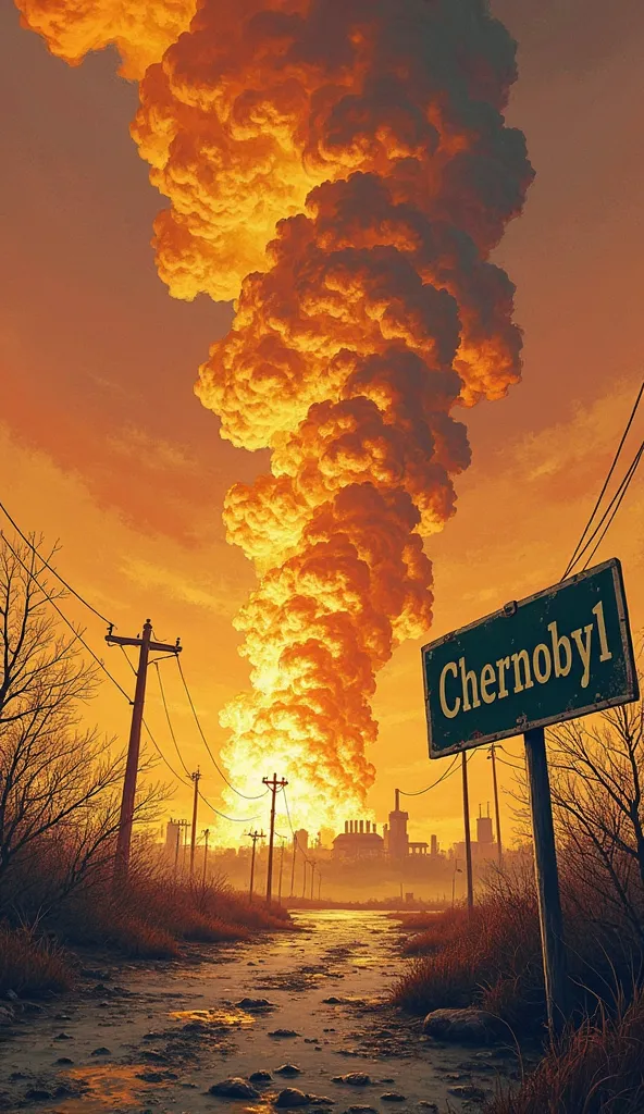 "An apocalyptic vision : The Chernobyl reactor explodes, releasing a cloud of radioactive smoke into the sky.  The scenario is chaotic , with vibrant colors and yellowish tones of danger. A worn sign of 'Chernobyl' in the background reinforces the place. T...