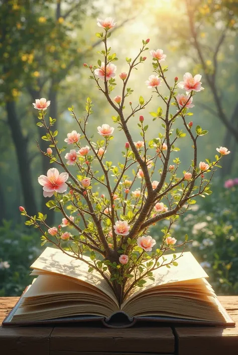 CREATE AN OPEN BOOK BLOSSOMING BRANCHES AND FLOWERS