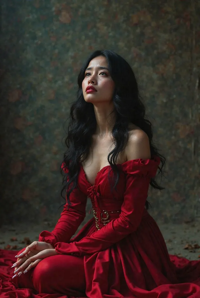 Young woman kneeling desperately crying long black hair with thick waves hazel green eyes slightly flushed white skin short soft delicate crying look full lips pain look strong and attractive wearing luxurious red sorcery-style sensual dress conjuring blac...