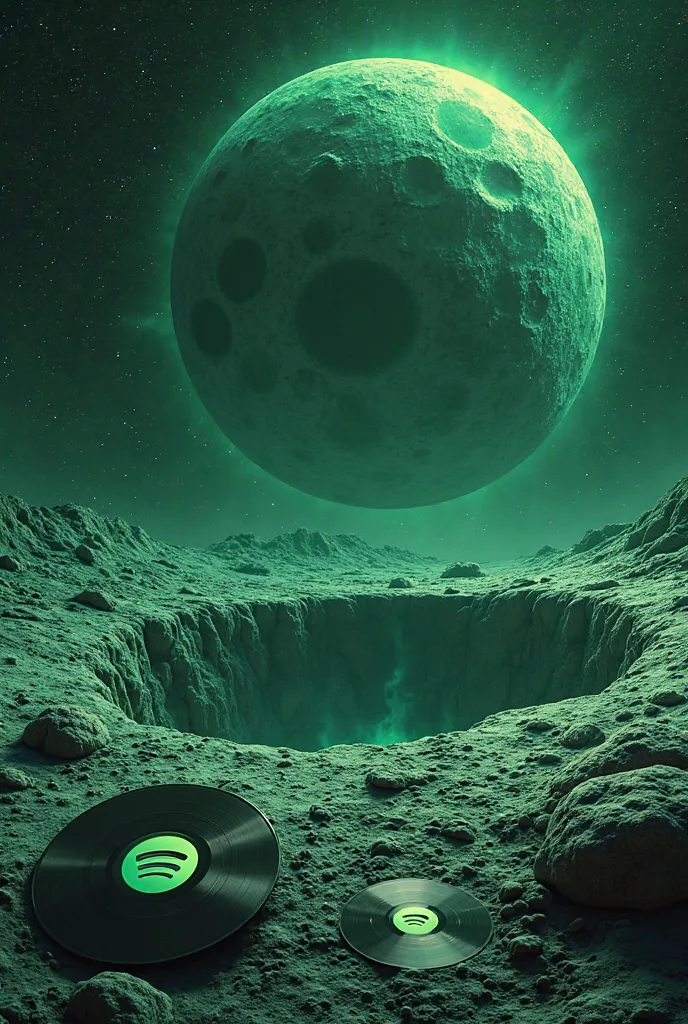 Create a cosmic image, Ground with the Moon Crater, Sucking up several vinyl albums with the Spotify logo and a ranking symbol. with green colors 