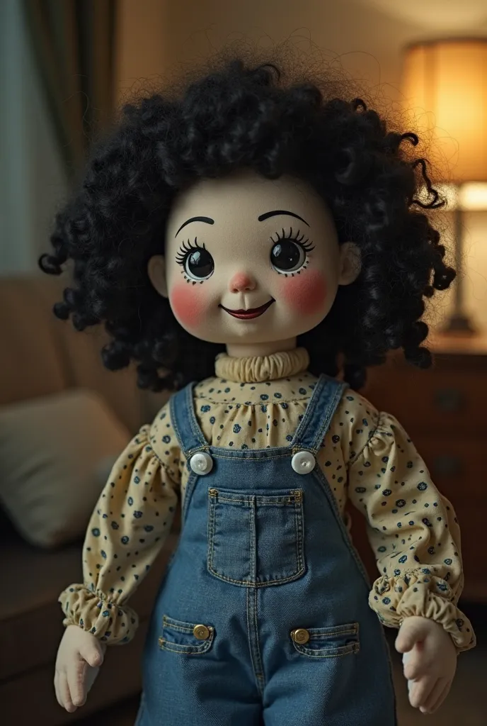 A rag doll looking like an elementary school teacher from the 70s, should look like an adult woman. She wears clothes from the time, like a jean planter with subtle prints, round neck and long sleeves. Her hair is made of wool and jet-black, styled in a st...