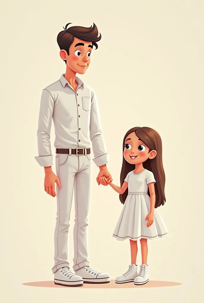 Well I need a cartoon picture with father and daughter.
 Assume father's age is 22 and daughter's age will be five-six years old. Father will wear white formal shirt-pant and white Converse high heels. And daughter will also wear white frog legs with same ...