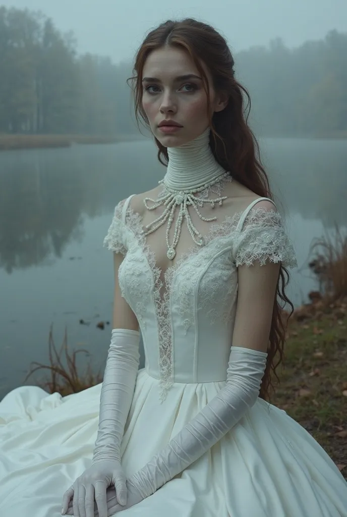 A beautiful woman with an extremely long neck. She wears a wedding dress ,  completely white, with a tight high collar, corrugated , that wraps around and covers her entire long neck. The fabric of the dress is made of delicate lace and satin, neck with sh...