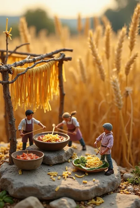 A charming, rustic pasta workshop set in a field of wheat, where tiny chefs hand-roll dough on smooth pebbles. Long strands of pasta hang on twig racks to dry in the sunlight. A few workers stir a bubbling sauce in a nutshell pot over a miniature stone sto...