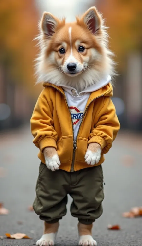 The image features an adorable fluffy puppy, possibly a Shetland Sheepdog or similar breed, standing upright on two legs like a human. The puppy is dressed in stylish, casual streetwear, including a mustard-yellow zip-up hoodie with a logo on the chest, a ...