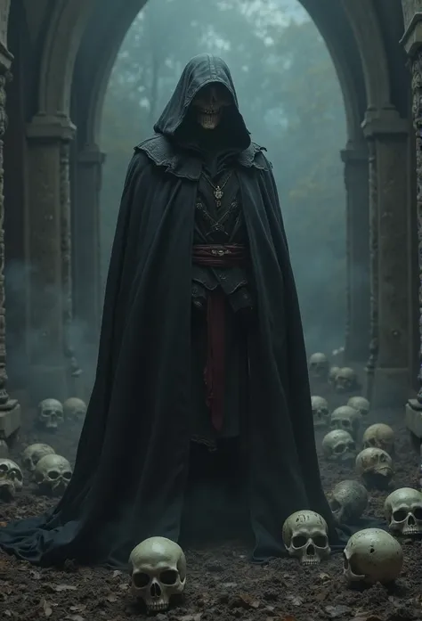 an ancient mausoleum, therefore, big, Realistic image,masterpiece. ultra quality. photorealistic,  dark image , thick smoke, dark, Skulls on the ground, homem vestindo therefore, black cape and hood , Ripped and old, skull head, segurando uma foice big no ...