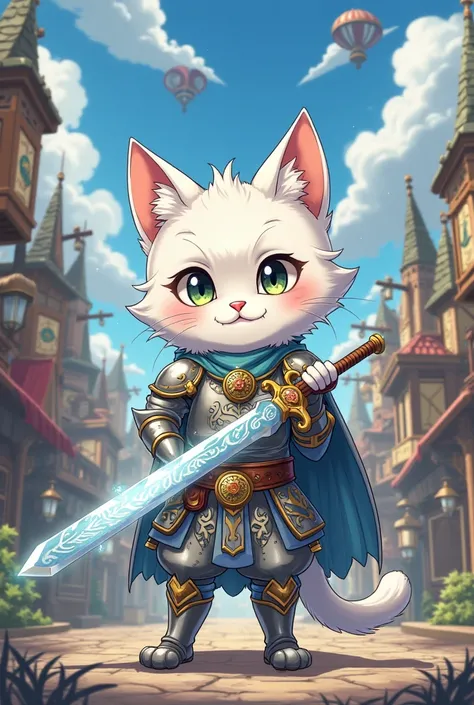 Anime style cute cat magic warrior steampunk style town with silver and white fur holding a sacred sword