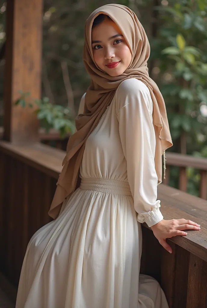 raw, Better quality, high resolution,  Masterpiece : 1.3), girl in a short build hijab from Indonesia, (seductive girl in a hijab ),  Masterpiece ,  round:1.05 curved body, beautiful big eyes, soft smile , (wearing a beige long chiffon maxi dress), big rou...