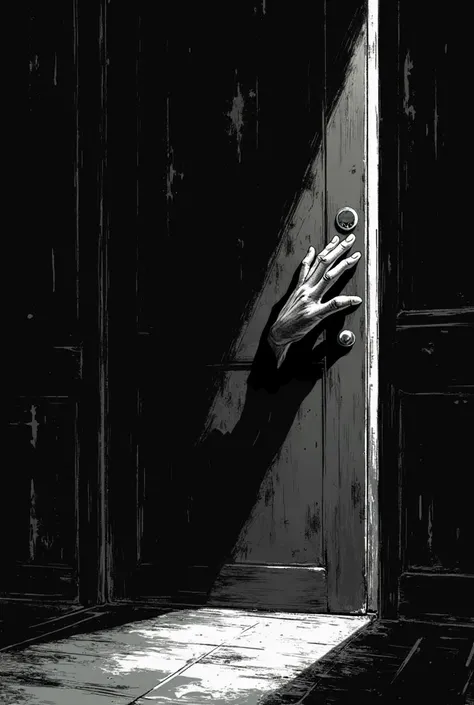 Manga style , black and white, a hand knocking on the door of a room 