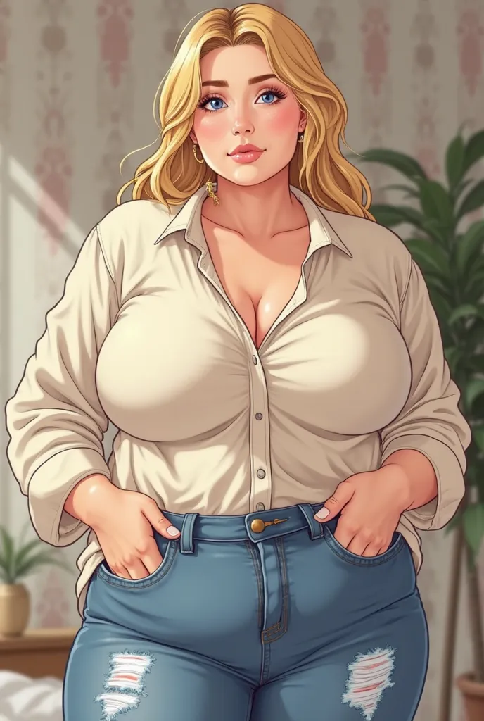 A 30-year-old blonde woman of European appearance is posing indoors.  She wears a loose, cream-colored shirt, unbuttoned with the top few buttons.  She's wearing blue jeans with holes in them. Her expression is calm and confident.  She has big breasts and ...