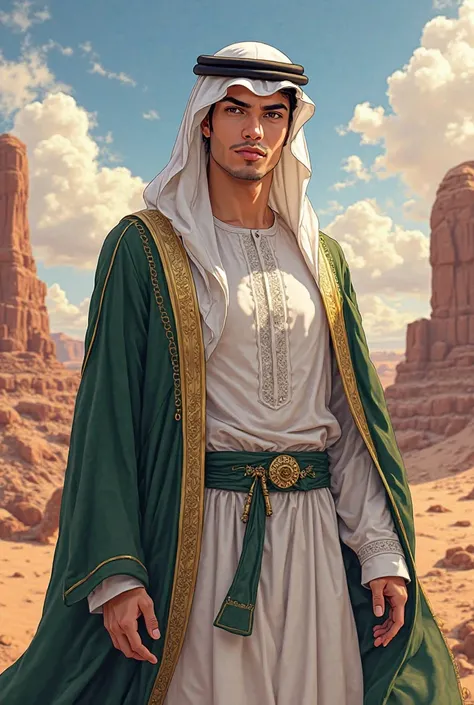 Create the image of a male anime character who would represent the nation of Saudi Arabia with characteristic elements 
