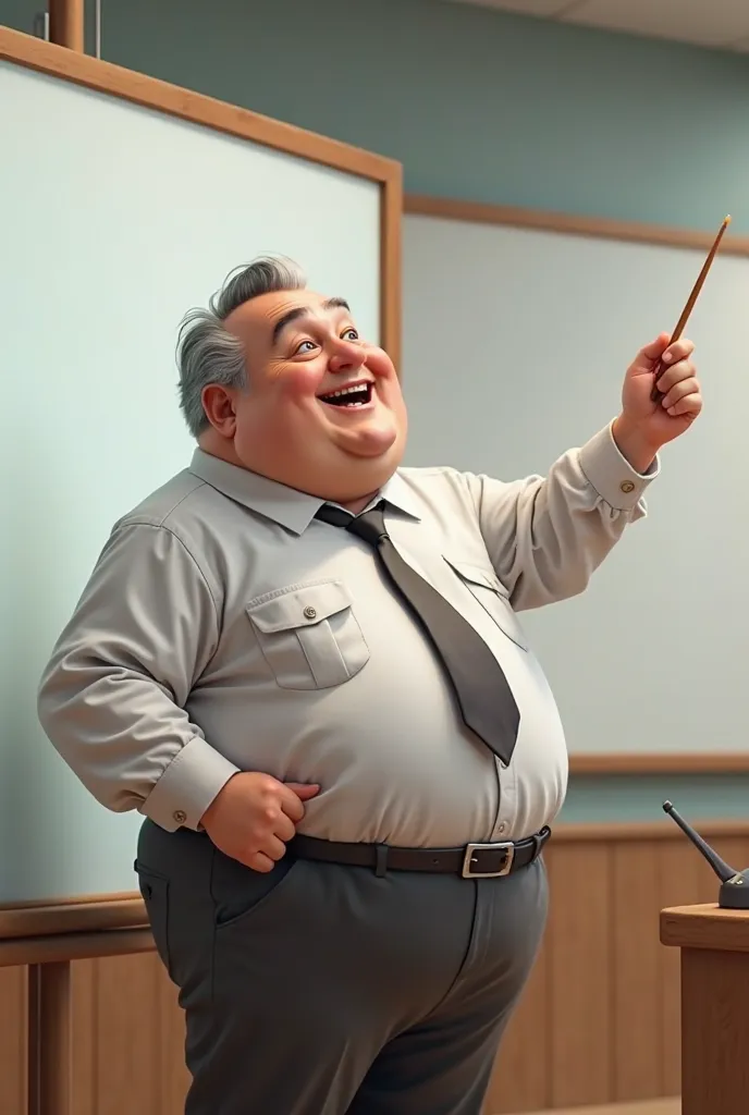 A chubby guy pointing at a white board from a distance with a wooden stick