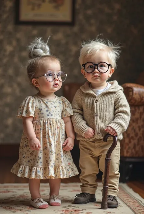 A baby and a baby boy standing, Use elderly costumes. The baby wears a vintage floral dress, round glasses and has his hair tied in a bun with some threads of white wool imitating gray hair. The baby boy wears a knitted sweater, beige pants, large glasses ...