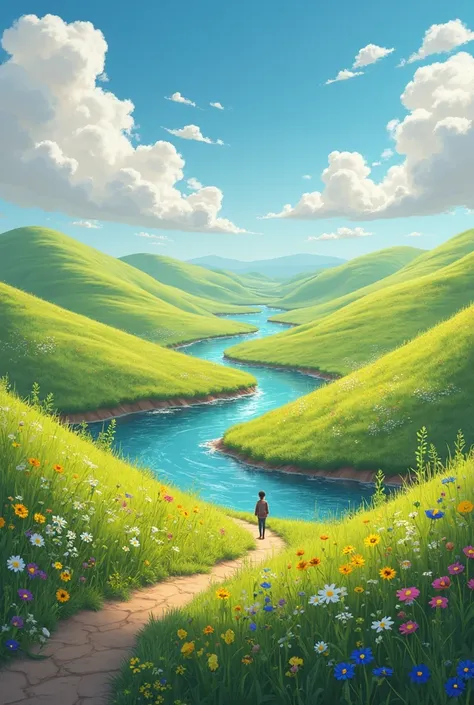 terra de Israel, Disney/Pixar-style arta whimsical cartoon landscape, lush rolling hills, vibrant green meadows, flowers blooming, winding river, fluffy clouds in the sky, vibrant colors,Disney Pixar style, 4K, highly detailed, concept art, digital illustr...