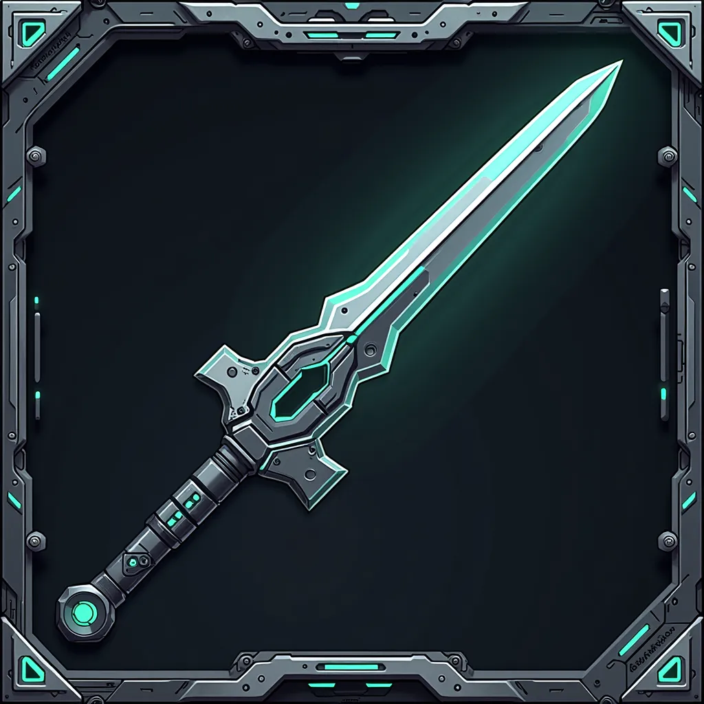 Create a decorative frame inspired by the handle of a cybernetic blade. The frame should have angular, futuristic lines, with details such as geometric patterns and integrated light circuits. Use dark colors like black and metallic gray, with accents of ne...