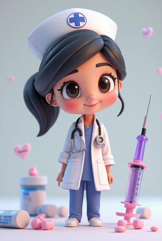 mideun-skinned chibi doctor woman above the name hair black "Mariana" pills, 3d stethoscope, nurse cap, tablets, ultra realistic, with purple, injection, disney pixar style