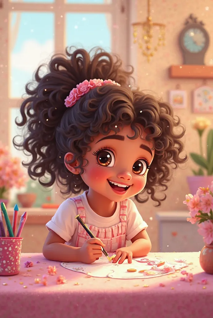 stile cartoon/Pixar white girl with curls doing nails