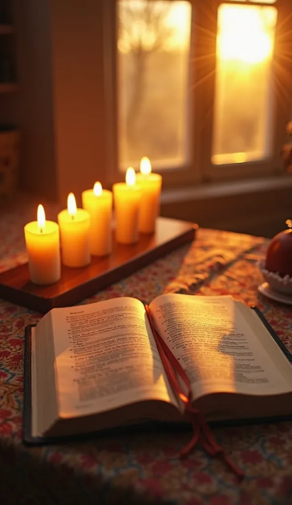 "Seven candles burning on a table next to an open Bible in the Book of Psalms. Each candle represents a day of meditation on the Word, while in the background, a window reveals a golden dawn , symbolizing renewal and spiritual growth."