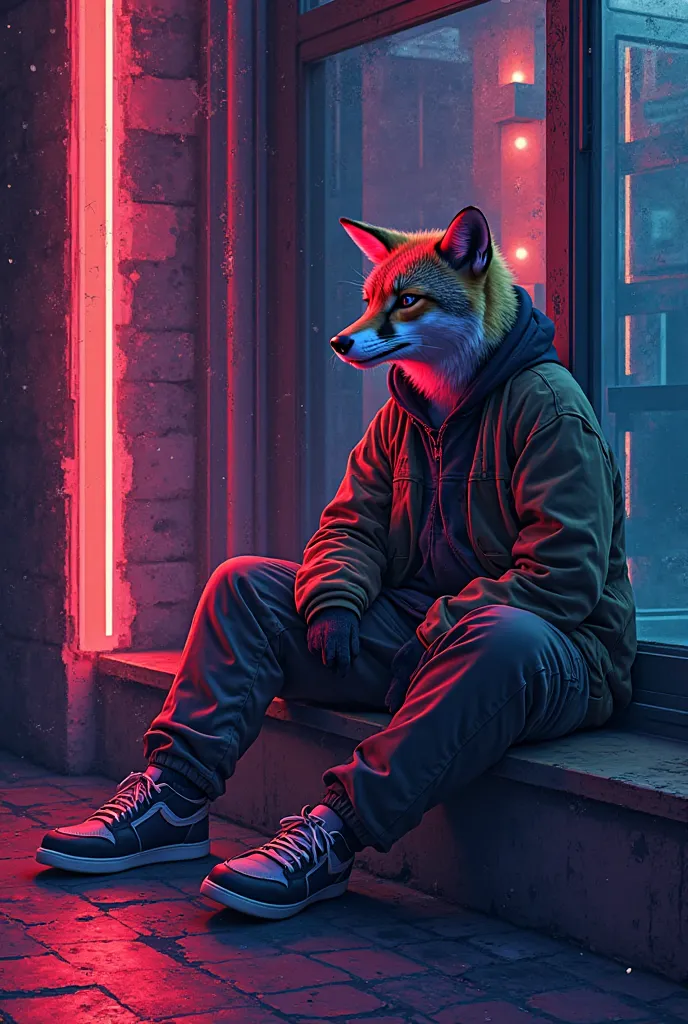 "Create an underground and artistic album cover for a deep house song. Uses abstract geometric shapes, dark tones and neon lights. It includes a relaxed and humanized animal character (for example, A fox, a cat or any cool animal with human features, like ...