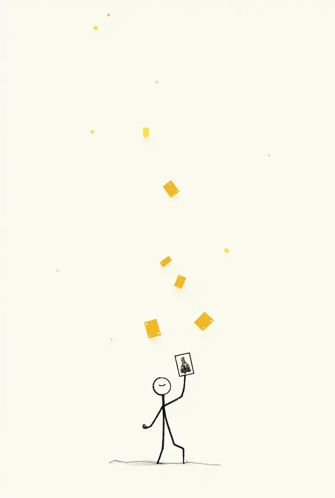 drawing of a stick holding a card while flying several minimalist yellow background cards on a white background