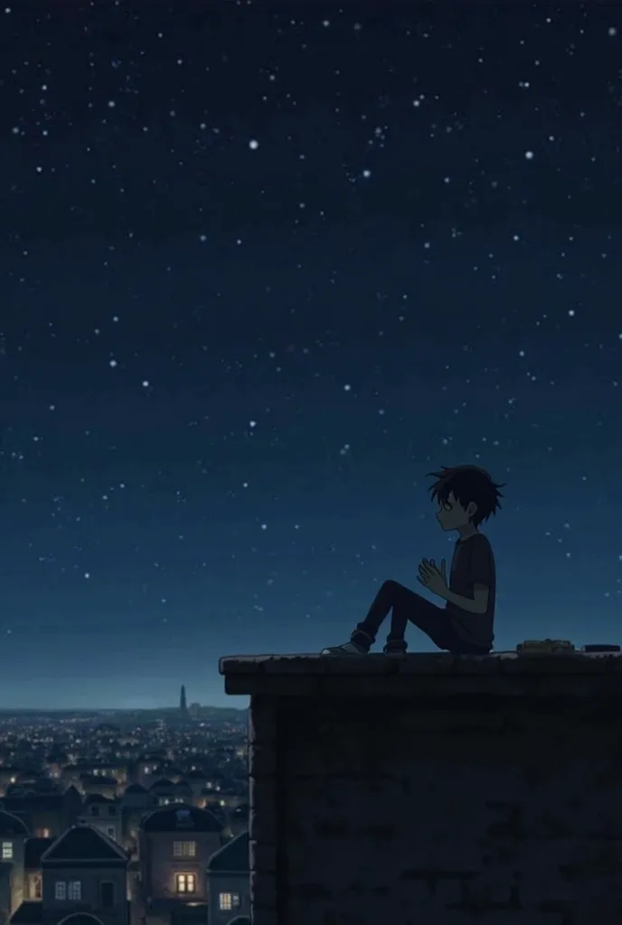  "A Flicker in the Dark"

Opening Scene:

(Soft piano music plays. The screen is dark before fading into a starry night sky. The camera pans down to a small town, where a boy sits on the roof of an old building, gazing at the horizon.)

Narration (Protagon...