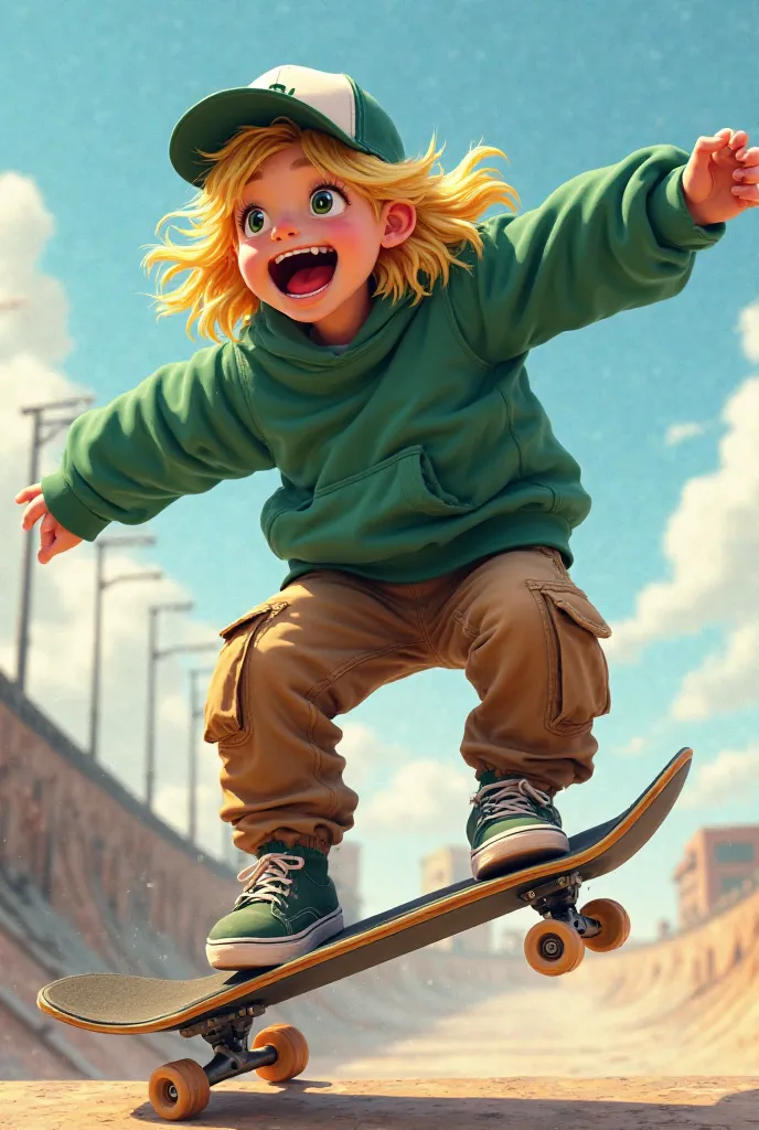 Blond, cheveux long, casquette, sweat large vert gazon , et pantalon cargo marron,  fait un tricks avec un skateboard et crie XOU...NAMI