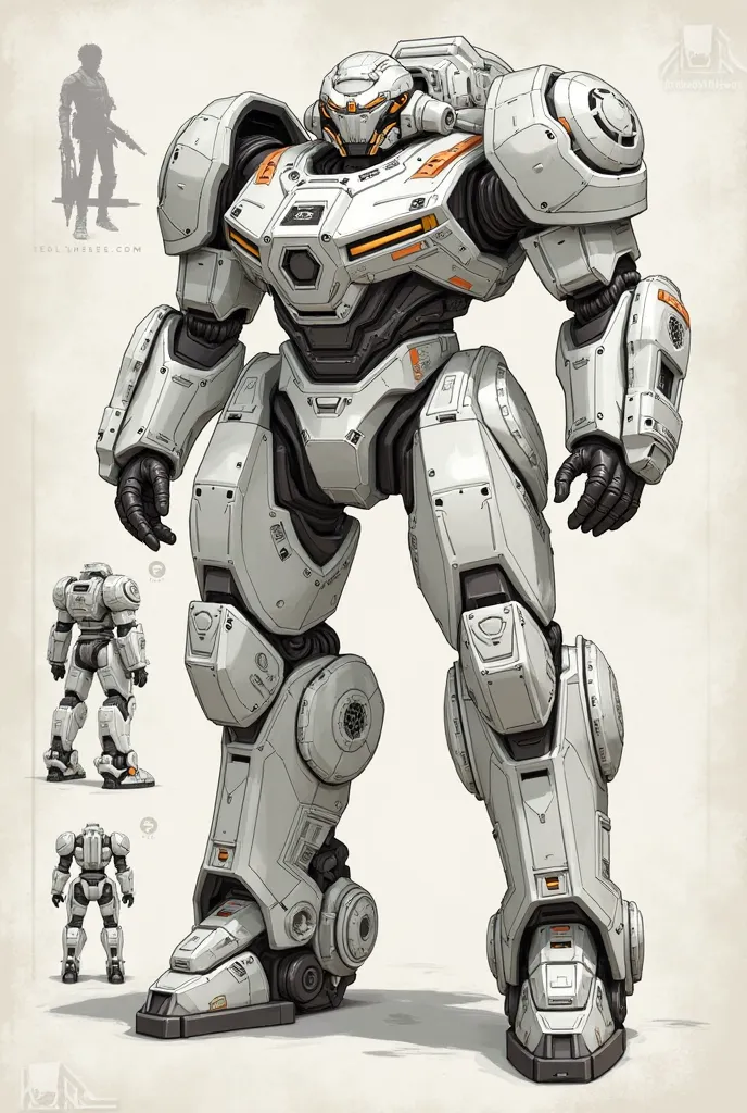 3 image of a Power Armor drawing, front, top, and side view. including the parts indicated in the image