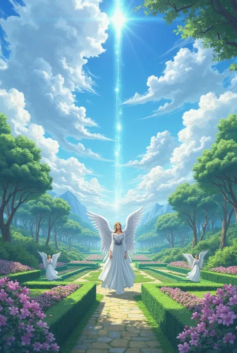 Create an image of the Elysian Fields in Greek garden style, similar to the one in lost canvas, with a beautiful sky with clouds showing a canvas of angels.