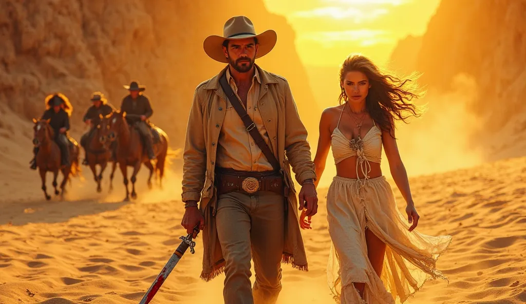 A vivid desert scene under a blazing golden-orange sun, with shimmering sand stretching like ocean waves. At the center, a rugged cowboy stands tall, wearing a dusty coat, holding a broken, blood-stained sword, his sharp eyes gazing forward with intensity....