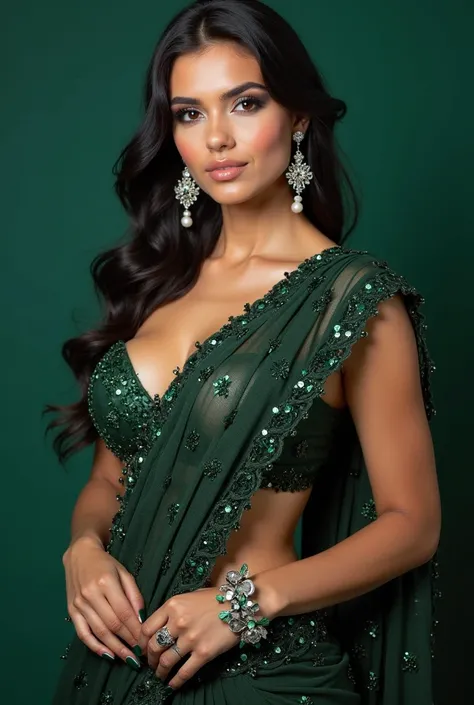 A stunning beautiful young Russian woman round shape breast with long, voluminous wavy black hair poses elegantly against a deep green backdrop showing her back view. She wears a glamorous, intricately designed dark green netted saree with sequin embellish...