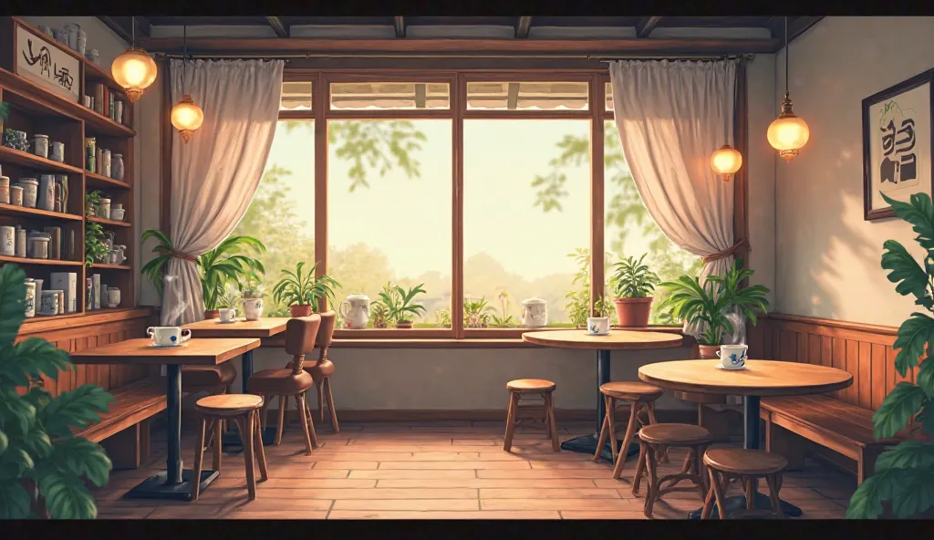 An aesthetic cafe , anime style, giving a lofi vibe with no people