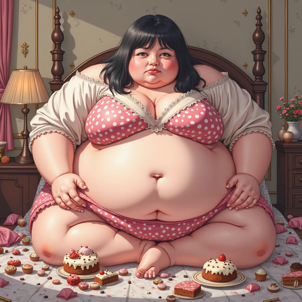 fat anime girl gorging herself with sweets, immobile and morbidly obese with very big belly and booty